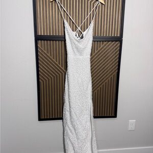 Fashion Nova Ivory Beaded Cowl Slip Gown with Crisscross Straps